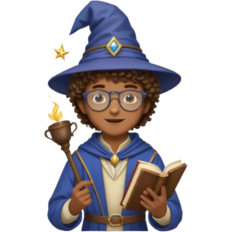 A Joyful Teen Male with Brown skin and Curly hair, wearing a Traditional outfit, a Wizard hat, Sunglasses, carrying a Spellbook, working as a farmer, while drinking Coffee and reading a Textbook. emoji
