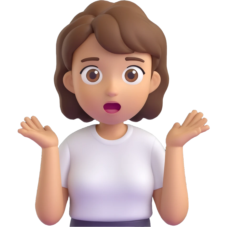 3D emoji style character with short tousled brown hair, surprised expression, light skin, white shirt emoji