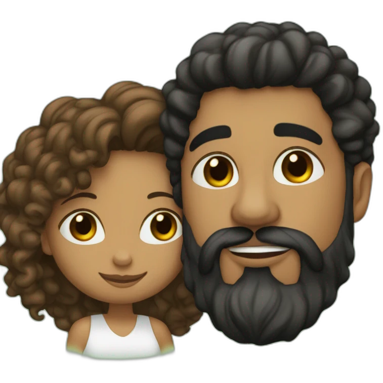 Brown man with a smooth black hair cut fade and a black beard kissing a White woman with long brown curly hair emoji