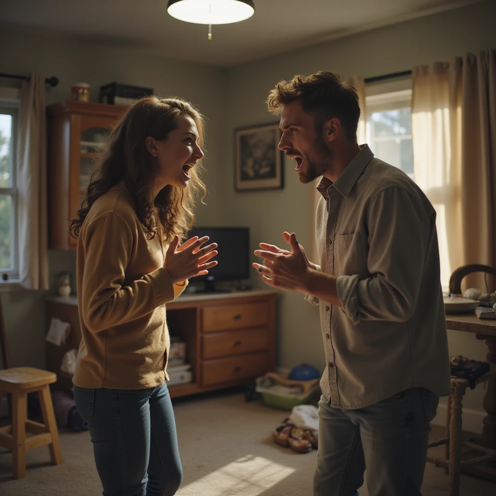 Two people arguing animatedly inside a messy home, angry and frustrated expressions, hyperrealistic details, 4K resolution emoji