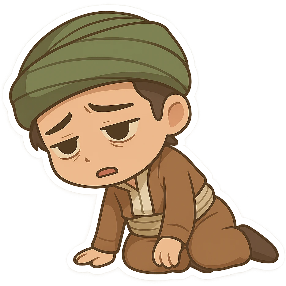 Kurdish sticker, low energy mood, cartoon style, Kurdish person in traditional dress, slouching or lying down, looking drained, no text, suitable for social media emoji