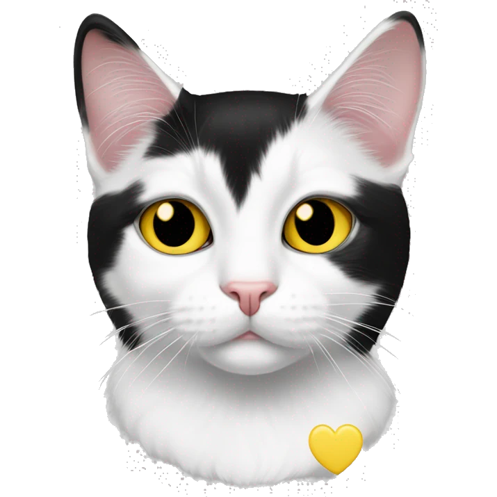 Black and white tuxedo cat with yellow eyes and white heart patch around mouth emoji