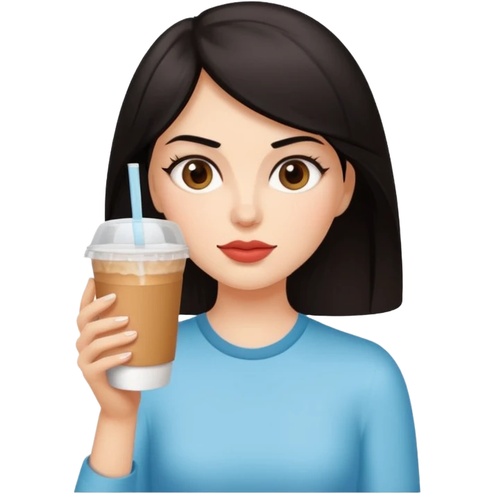 컴퓨터하면서 아이스 아메리카노(테이크아웃 잔에 담긴)를 많이 마시고 있는 다크서클 검은머리 여자 emoji
