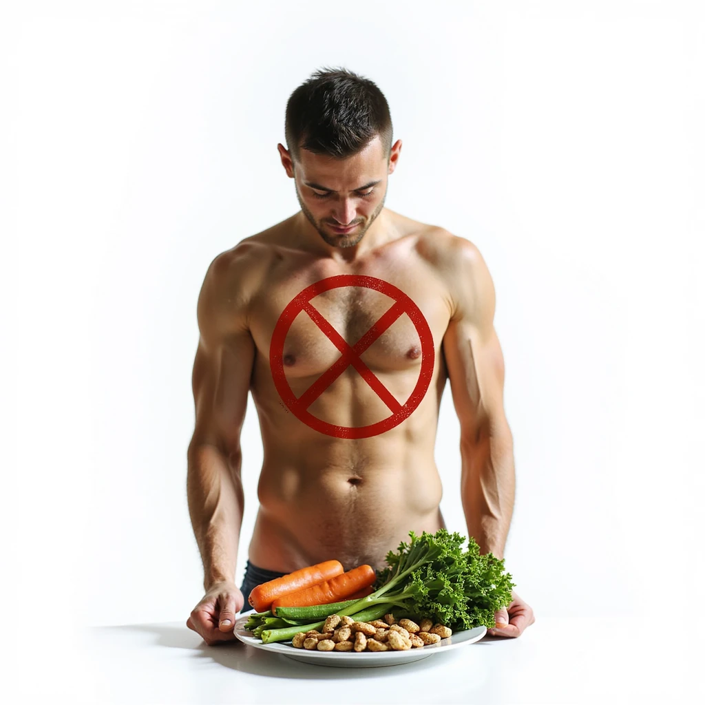 realistic man with untoned physique and slumped posture, plate with only vegetables and a prohibition symbol over olive oil and nuts, atmosphere of deficiency, Italian caption: 'Dieta povera di grassi: salute compromessa', isolated on white background emoji