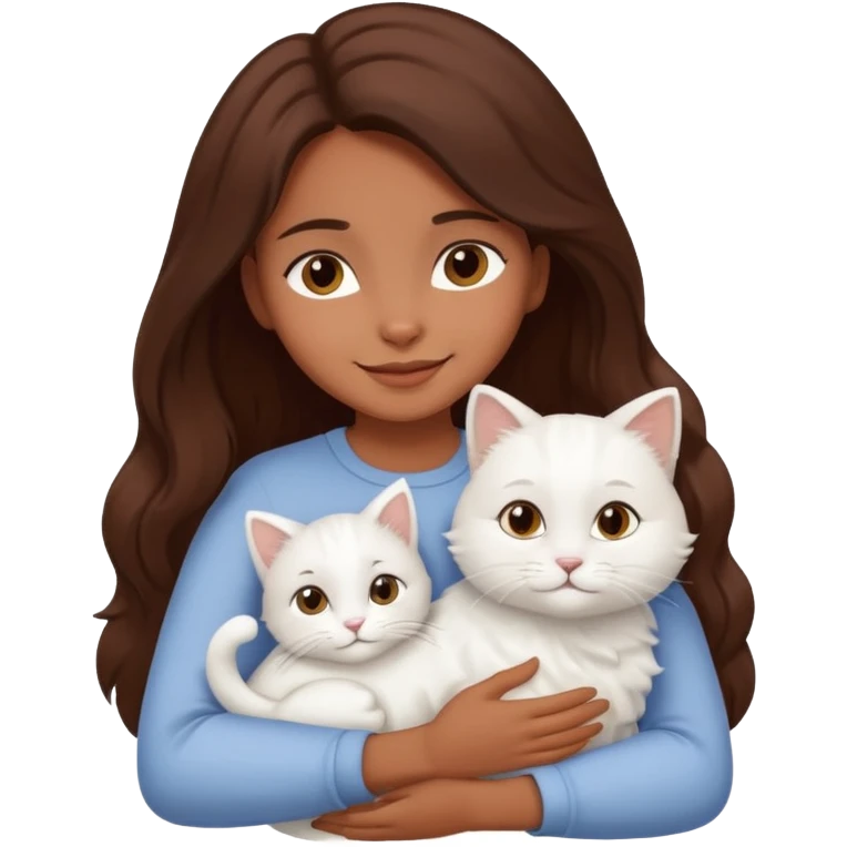 A brown skinned brunette girl hugging a white cat emoji