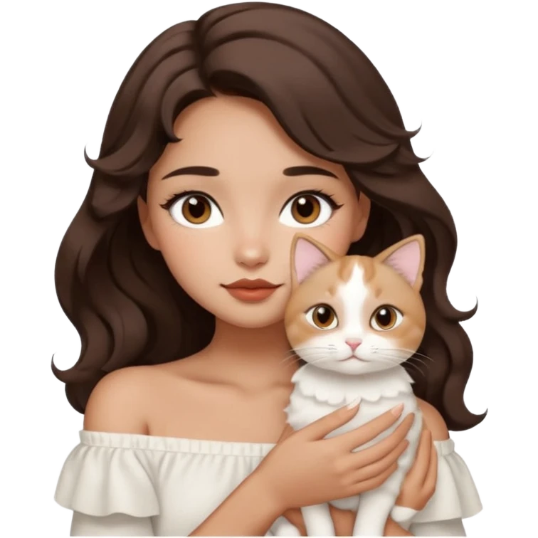 aesthetic girl with warm tan complexion, round face, off-shoulder wavy 2b hair, full lips, dark brown doe eyes, soft arched eyebrows, holding a white cat, minimalist style emoji
