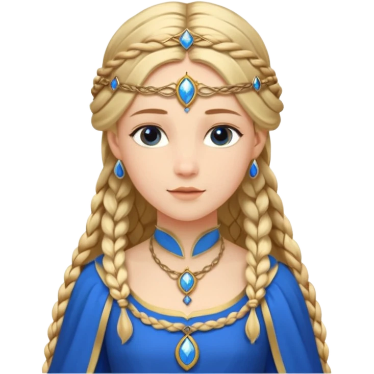 An emoji portrait of a medieval European princess. She wears a long-sleeved bliaut dress in a vibrant blue color, with a delicate golden circlet on her head. Her hair is braided in long tresses, and her expression is gentle and pious. emoji