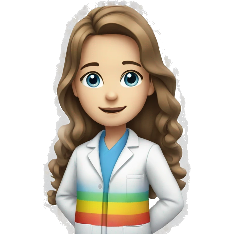 White young girl with long brown hair and blue eyes wearing a rainbow pharmacist coat emoji