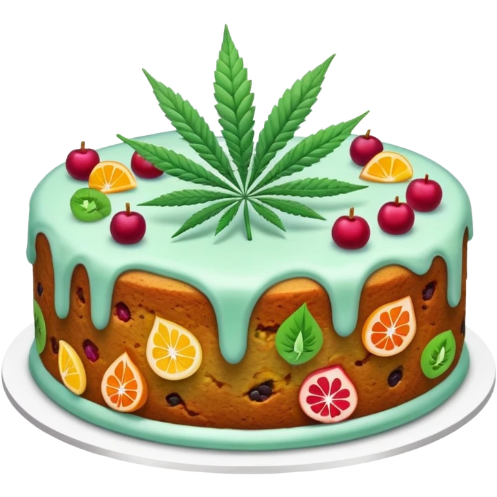 colorful frosted fruit cake with cannabis leaf emoji