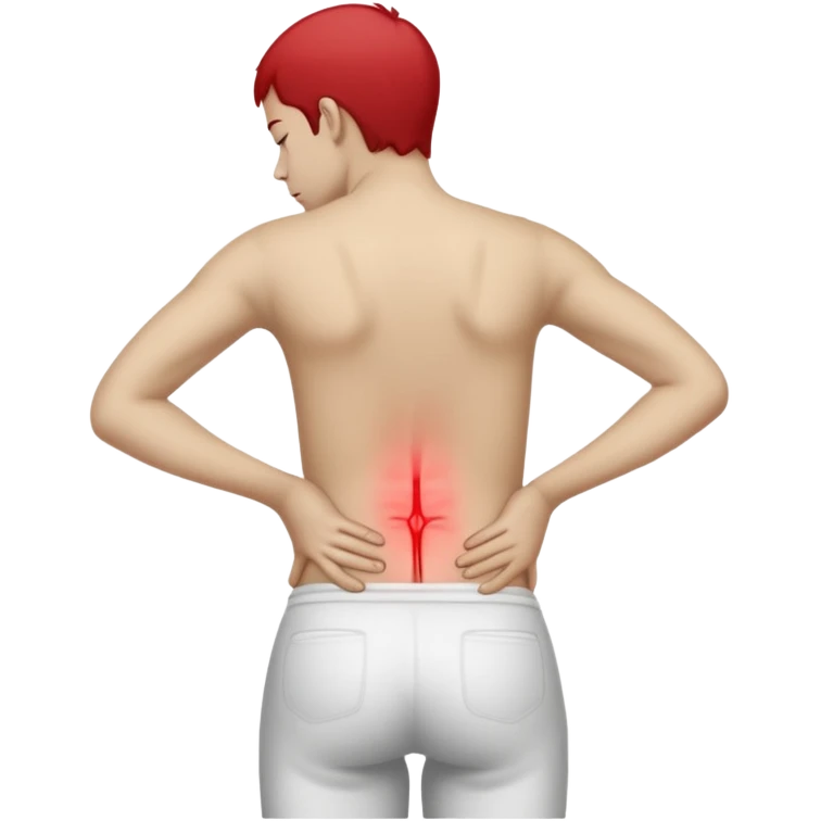 A person standing and holding their lower back in pain, with a red highlight showing the sore area. The person’s face expresses discomfort, and the background is plain white. Realistic lighting, medical concept illustration showing lower back soreness or muscle strain. emoji