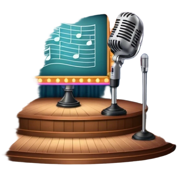 Icon for 50s American Musical Theater: a retro stage with neon lights, a classic microphone, musical notes, vintage theater curtains, and Broadway-style elements. Avoid focusing solely on the piano. Transparent background. emoji