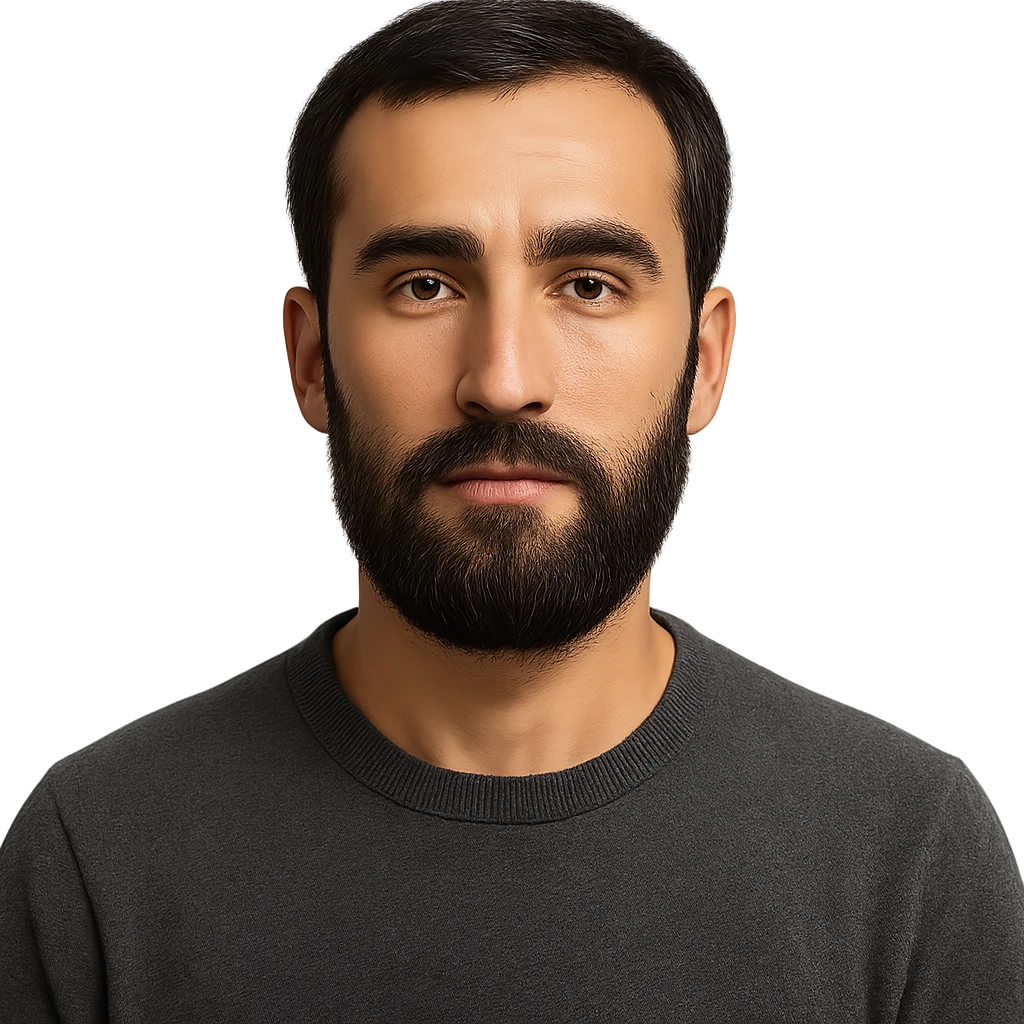 A Tajik man with a slender build, oval face, broad forehead, straight nose, expressive brown eyes, thick eyebrows, dark straight hair, warm-toned skin, and a bigger, neatly kept beard emoji