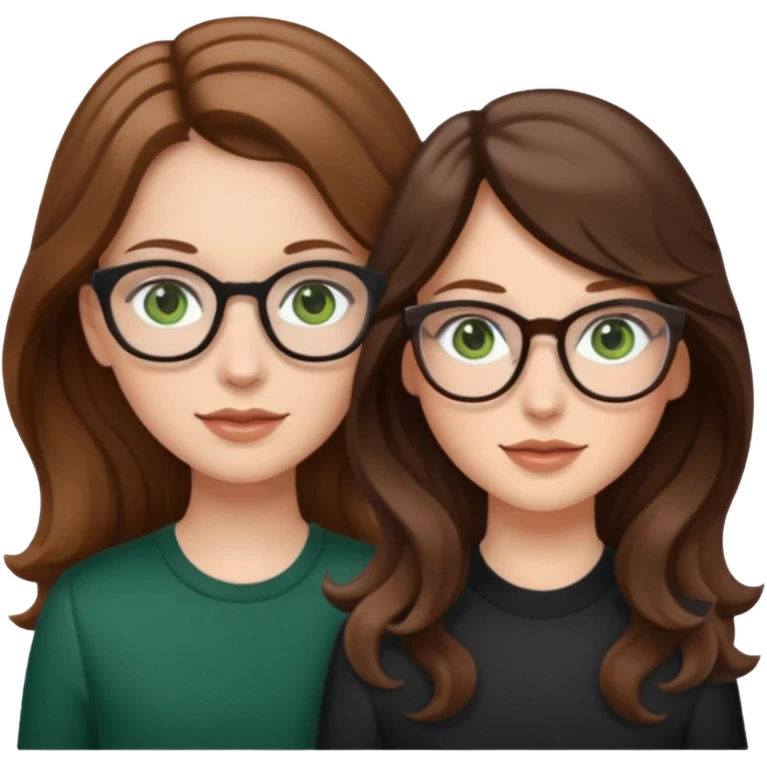 uma menina branca com óculos, cabelo longo castanho claro e olhos verdes e outra menina branca com cabelos ondulados castanhos escuros e olhos marrons emoji
