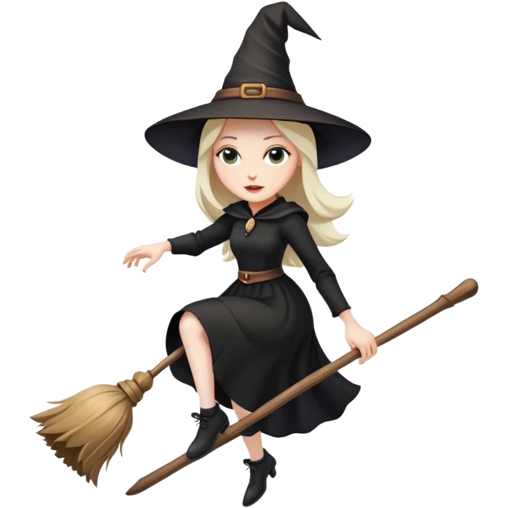 witch with pointy hat and black dress flying on a wooden broom emoji