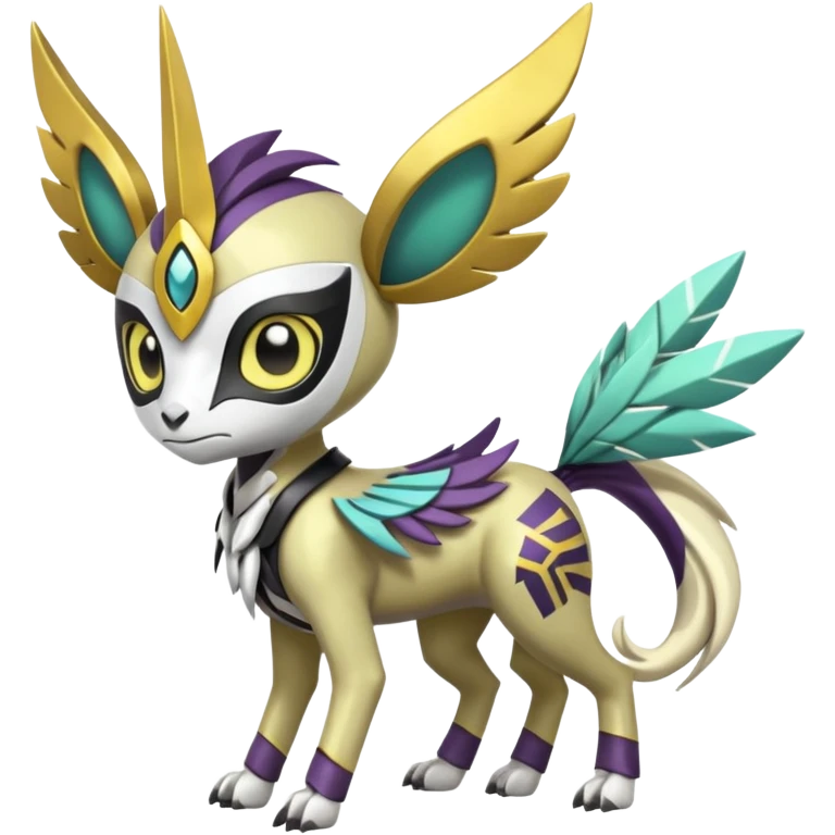 Arrow-patterned chevron-marked Cute Big-eyed anime-styled Colorful Shiny Tribal Skeletal masked armored Meloetta-Silvally-Solgaleo-Raikou-Pokémon-Digimon-Fakémon-fusion-hybrid-creature, full body emoji