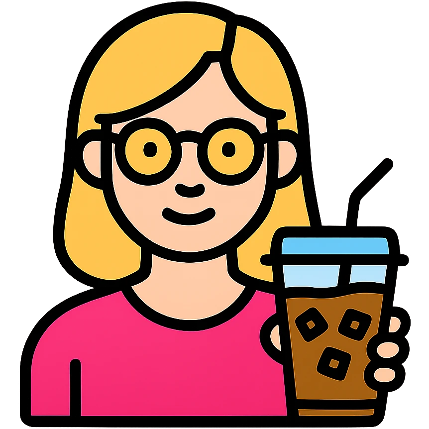 blonde woman with gold glasses holding an iced coffee, minimal flat design emoji