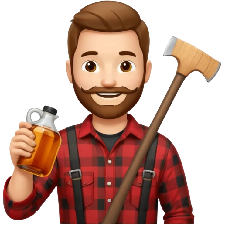 I want a Canadian lumberjack wearing a red and black plaid shirt drinking maple syrup out of the maple syrup bottle and holding a axe in the other emoji