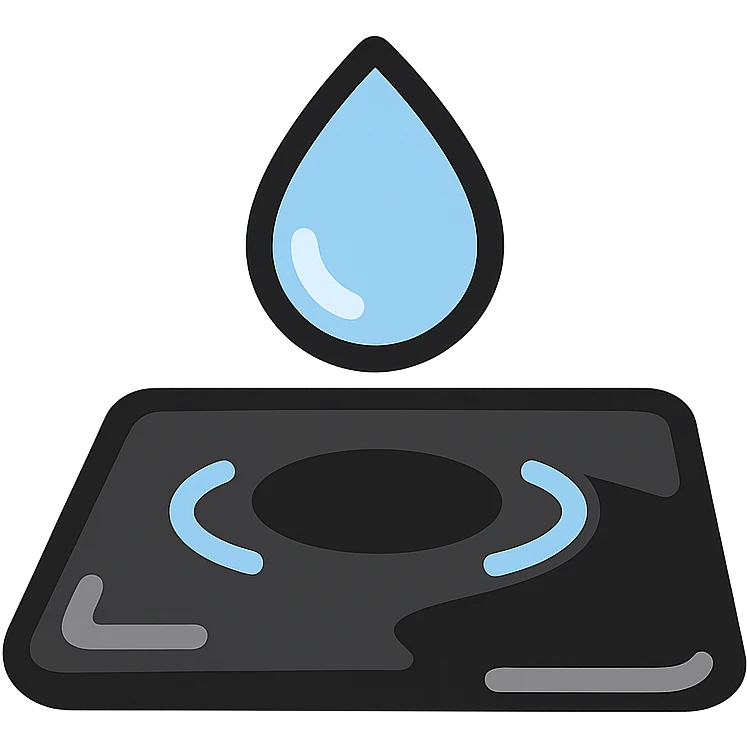 water droplet sliding on glossy black mirror-like paint, main color glossy black, subtle repellent effect with water lines moving away, modern and clean icon emoji