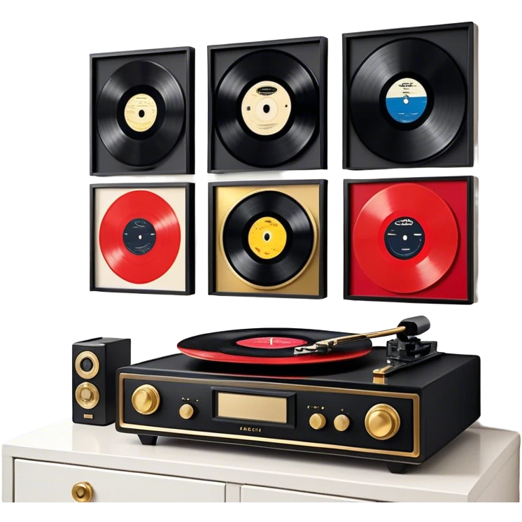 Icon for Vinyl Record Collecting: large black, golden and red vinyl records in decorative packaging featuring artist images, neatly arranged on a wall or shelf, modern vinyl record player. The icon should reflect the aesthetic and artistic aspect of collecting vinyl records. Transparent background. emoji