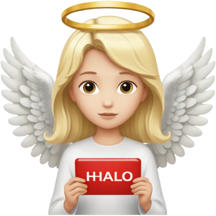 "An angel emoji with blonde hair, a halo, wings, holding a 'COMPARTILHAR' sign in bold letters." emoji