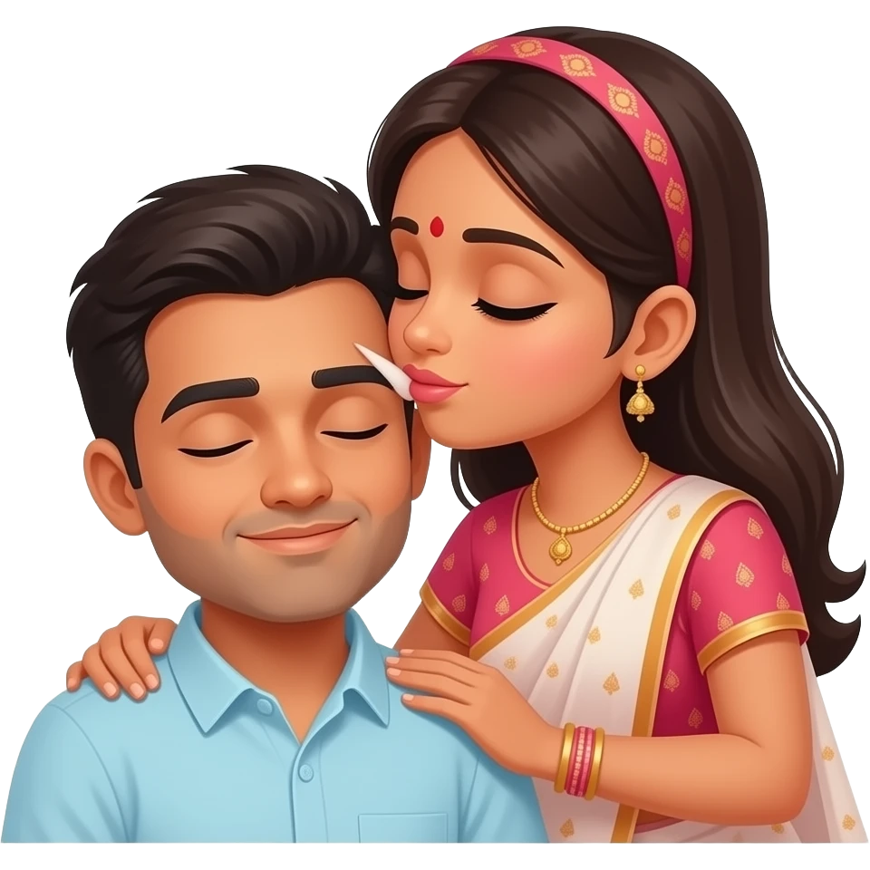 Wife kissing on forehead of sleeping husband lovingly Indian couple emoji