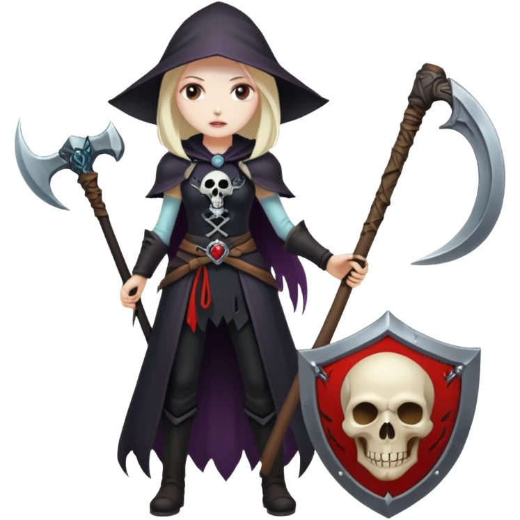 Necromancer girl with scythe and shield, in front of a dead mage emoji