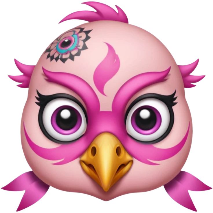 pink bird with piercings and excessive face tattoos and ribbon two eyes emoji