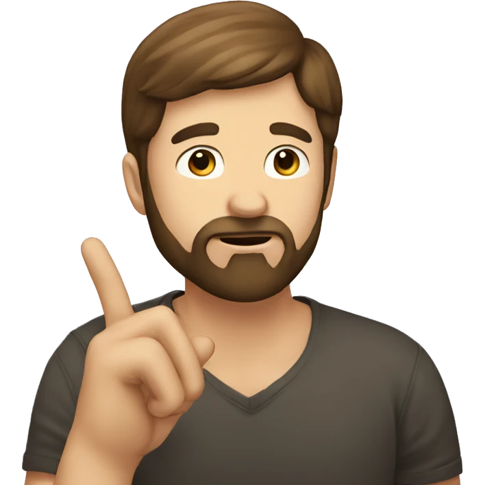 a bearded man with short brown hair, shushing with his finger emoji