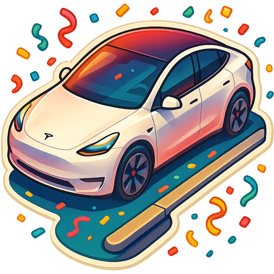 A Tesla Model Y parallel parking at a curb, from above, with confetti emoji