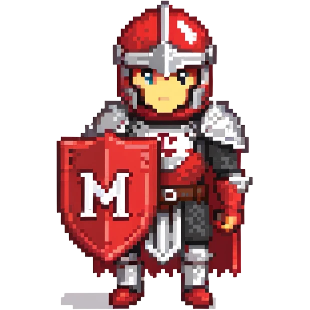 Knight with red and black armor holding a shield with the letter M on it emoji