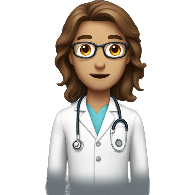 doctor with long brown hair and brown eyes and red face emoji