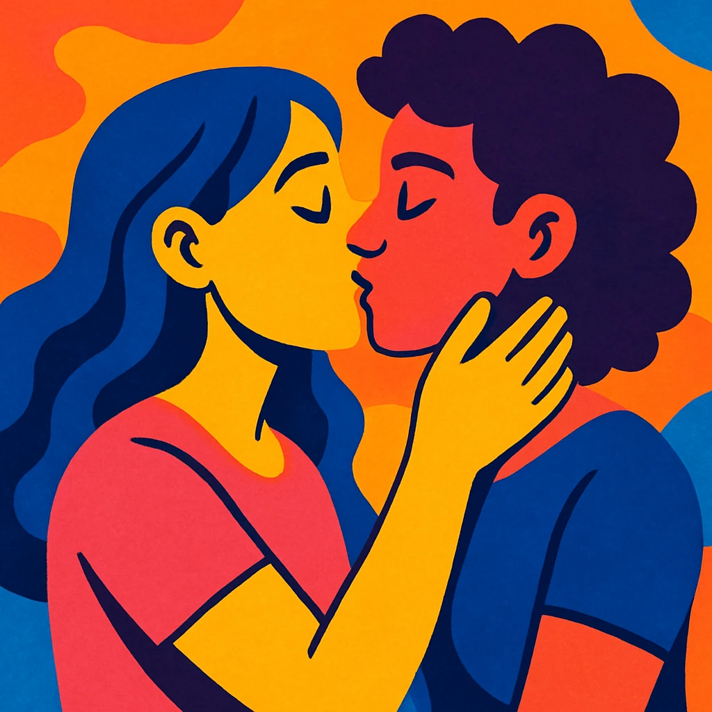 two women kissing, vibrant, expressive art style emoji