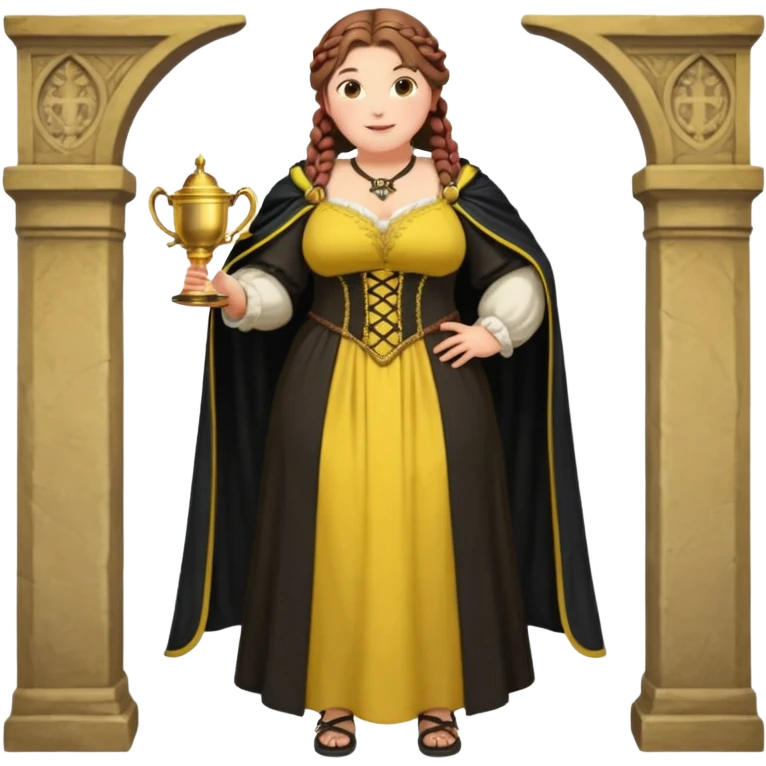 Helga Hufflepuff,brown-haired,2 braids,yellow-black medieval open dress,deep neckline,fat macromastia,black cloak decorated with gold braiding,gold cup with two handles,very kind smile,curvy busty sweet woman,round rosy cheeks,full length with medieval shoes emoji