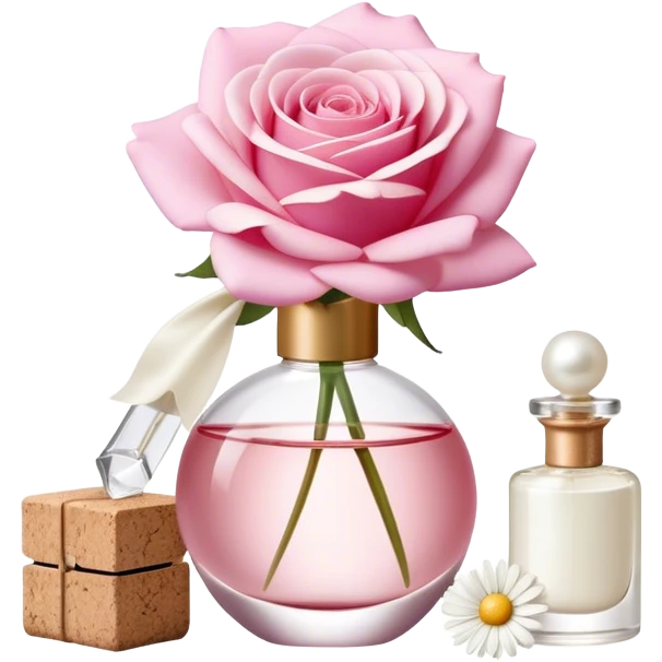 a beautiful aesthetic single rose in white and pink with an ivory bow and a pearl white perfume bottle with a white daisy on the cork emoji