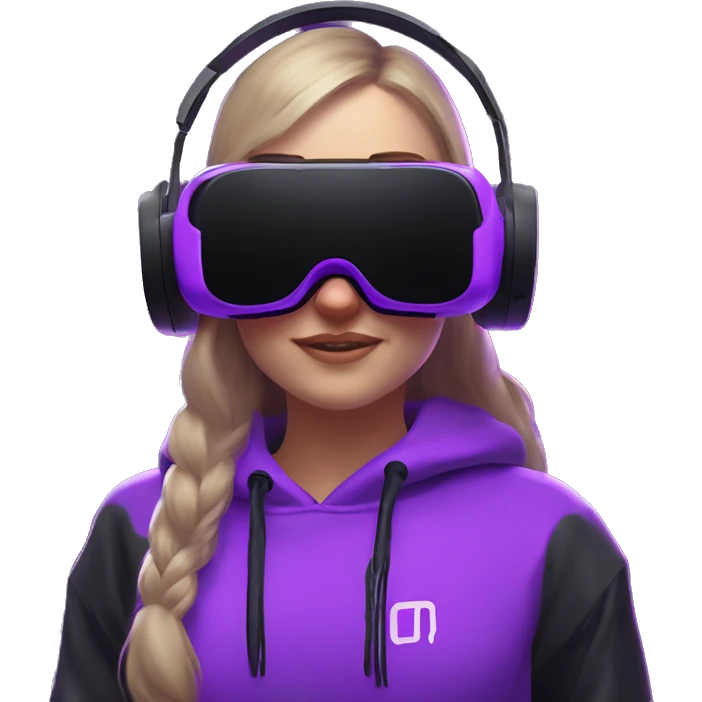 Russian girl wearing black hoody with violet letters "OMG", in vr headset oculus quest2. Dancing. Cyberpunk style. Violet neon. emoji