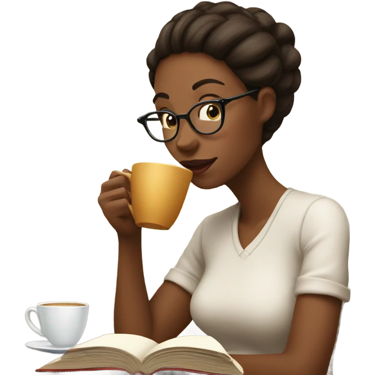 Woman drinking latte and reading  emoji