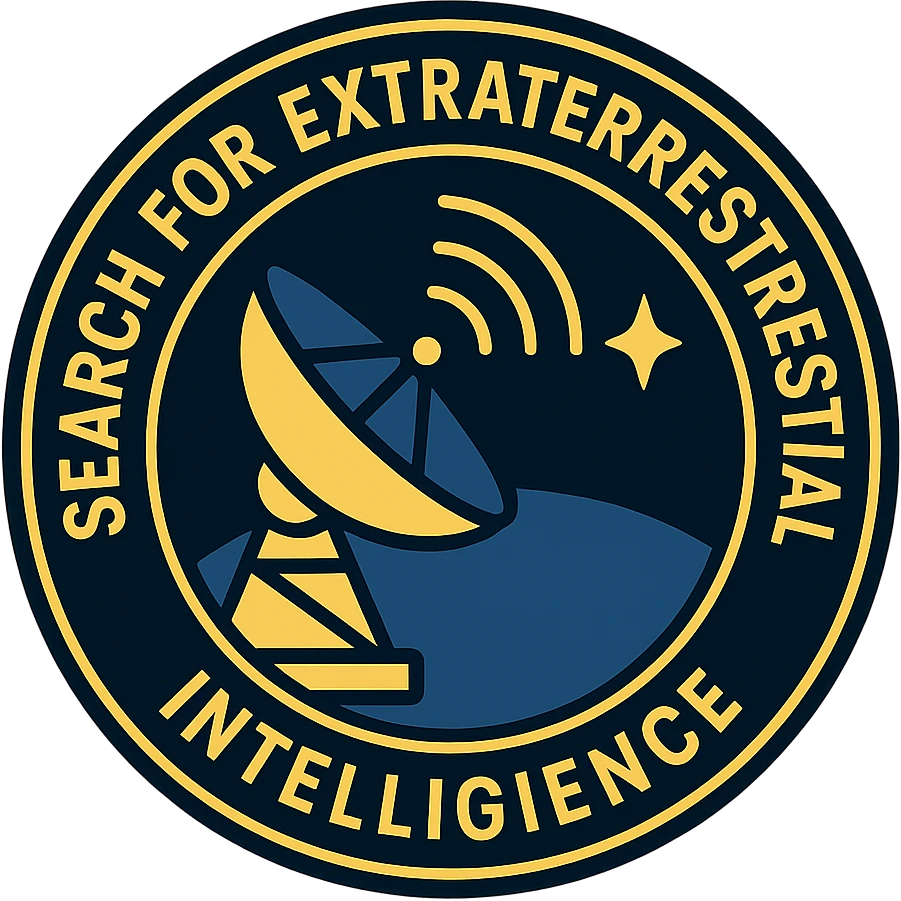 logo for the search for extraterrestrial intelligence in the style of an intelligence agency, featuring a radio dish, signal waves, and a star, with a dark blue and gold color scheme, clean and official emblem emoji