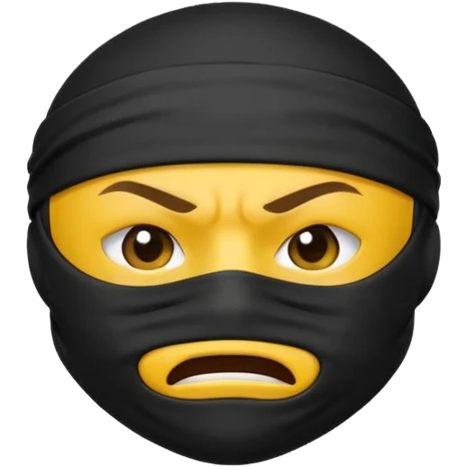 ninja face emoji with black mask fully covering mouth, standard yellow emoji face, black headband, very angry expression emoji