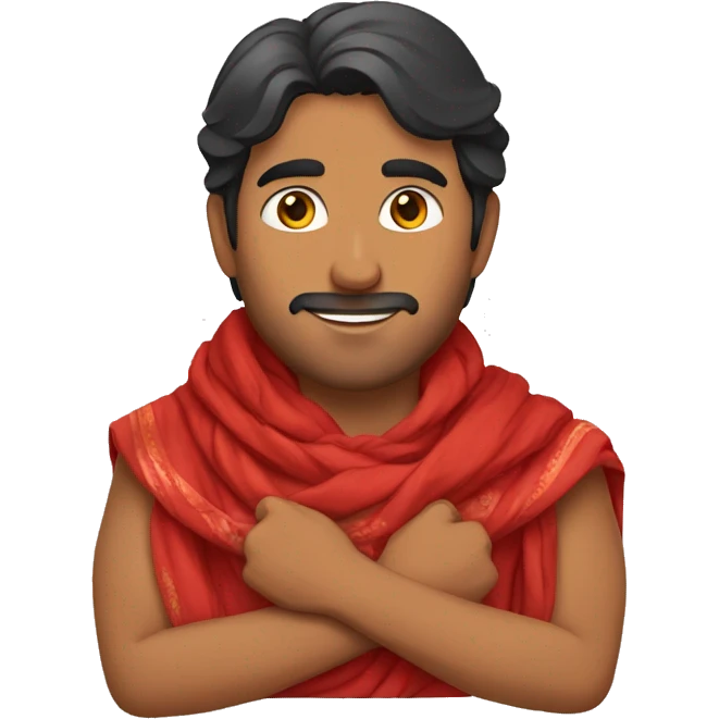 brown man wearing red chunni (indian scarf) and also holding it with his hands emoji
