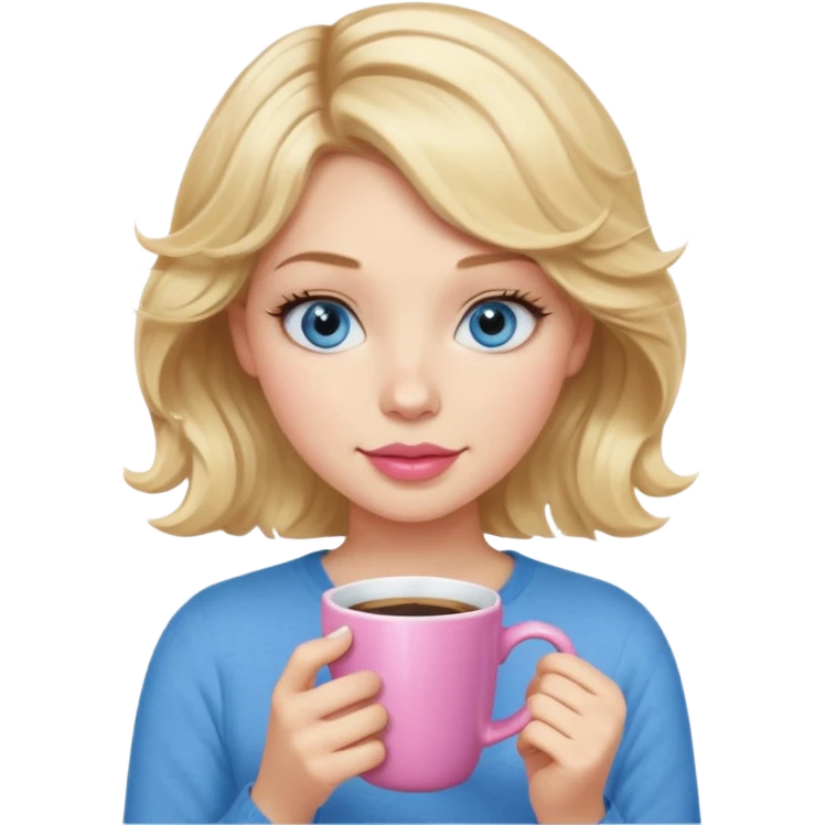 Girl Blonde short wavy hair,  blue eyes, cute blue top, long lashes, pink lips, holding hot coffee mug emoji
