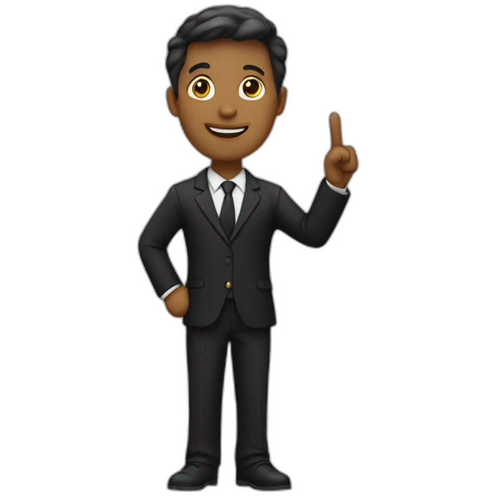Full length teacher in black suit pointing finger up emoji