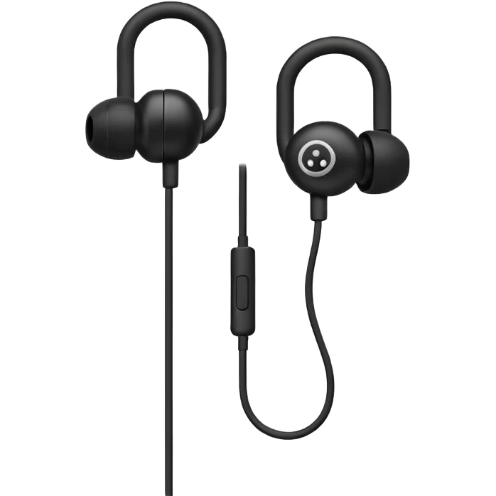 Minimal emoji, simple wired earphones sculpted from matte black metal, clean silhouette, fashion editorial minimalism, no motion effects, no glow, no neon, flat emoji style, centered, transparent background emoji