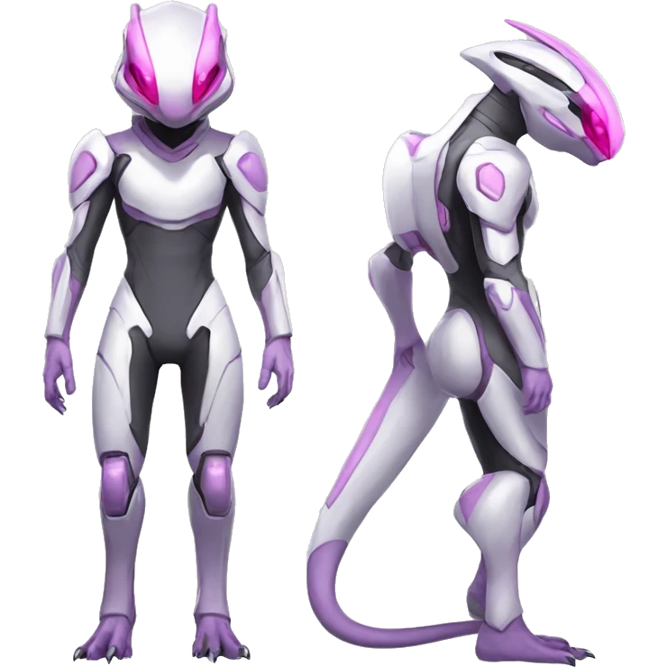 White Anthro-Lizard-Reptile-Raptor-Alien-Genesect-Mewtwo-Fakémon, with pink eyes, with a futuristic visor-helmet, wearing a techwear-suit, Full Body emoji