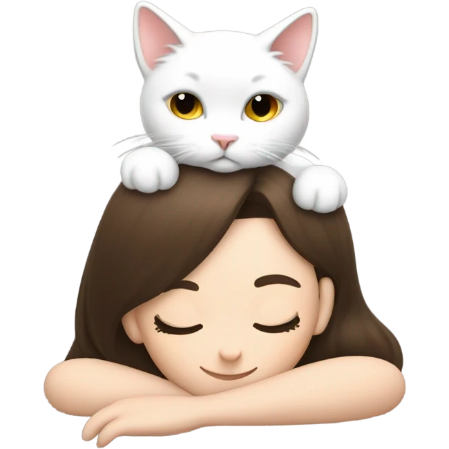 White kitty sleeping on brunette white girl's lap emoji