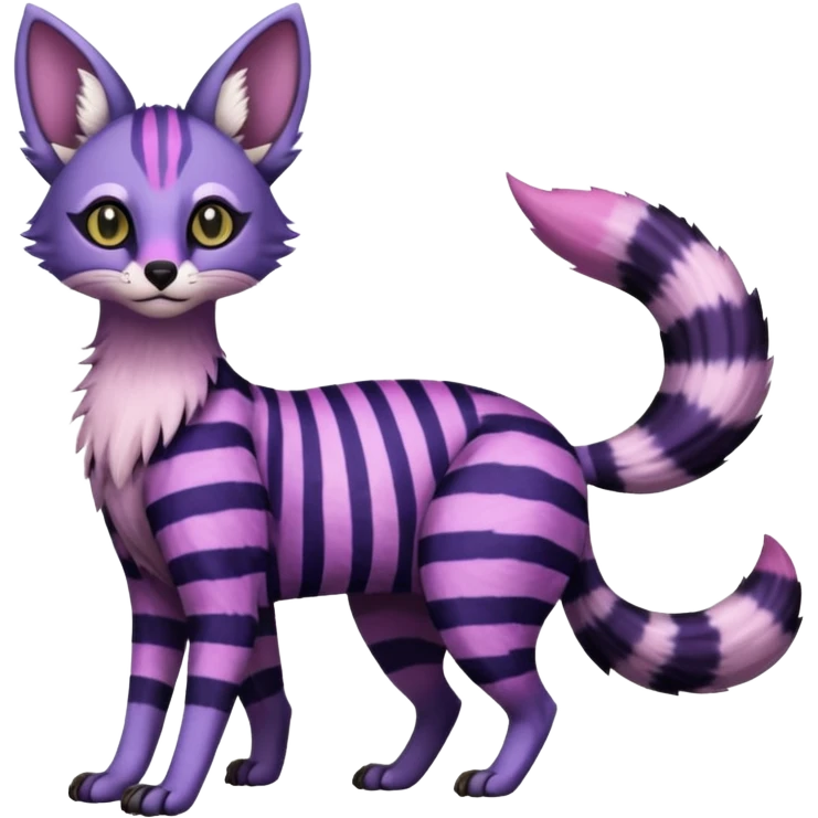 Indigo, purple, violet, pink, Civet-Genet-Possum-Serval-Caracal-Sergal-Trico-Numbat-Furret-fusion-Fakemon-hybrid-creature (full body) with long tufted ears and a striped tufted tail  emoji