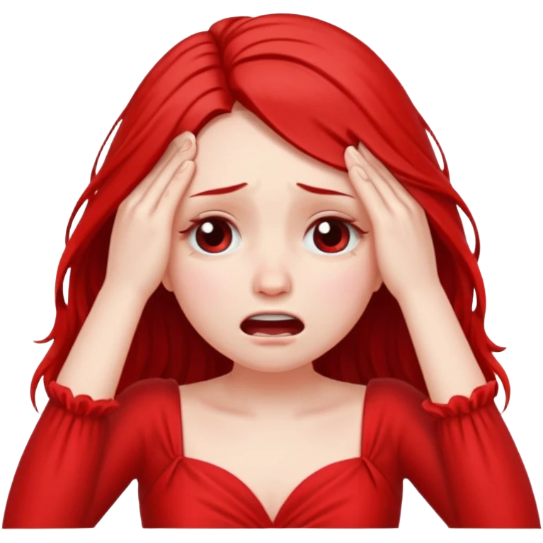 A girl pouring her eyes out crying and pulling off her hair so bad wearing red emoji