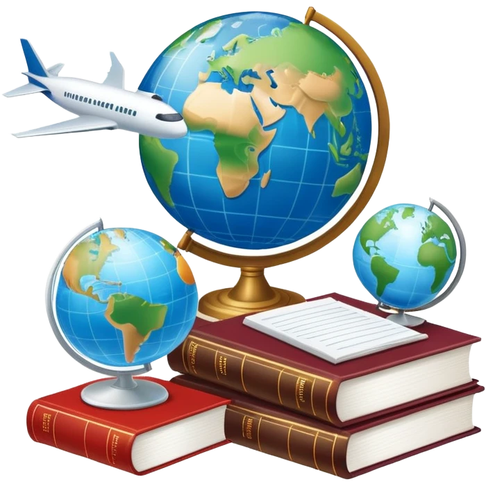 An icon featuring a hotel building, a globe, books, documents, and an airplane, symbolizing the study of tourism and hospitality. The design highlights the global travel industry, with elements of research, planning, and international travel. Transparent background emphasizes the academic approach to tourism. emoji