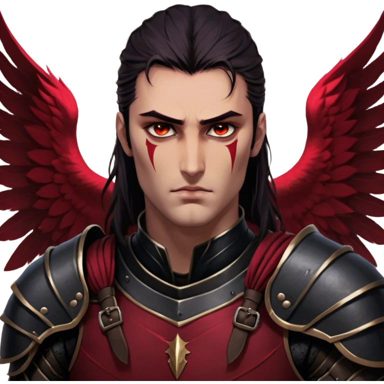 A towering Illyrian warrior with long, dark hair tied loosely at the nape of his neck, his hazel eyes flickering with battle-hardened resolve and mischief. His powerful frame is clad in black leather armor with deep crimson accents, fitted perfectly to his broad shoulders. His massive Illyrian wings stretch behind him, their leathery surface marked by scars of countless battles. A wicked grin plays on his lips, revealing the roguish charm beneath the warrior's exterior. emoji