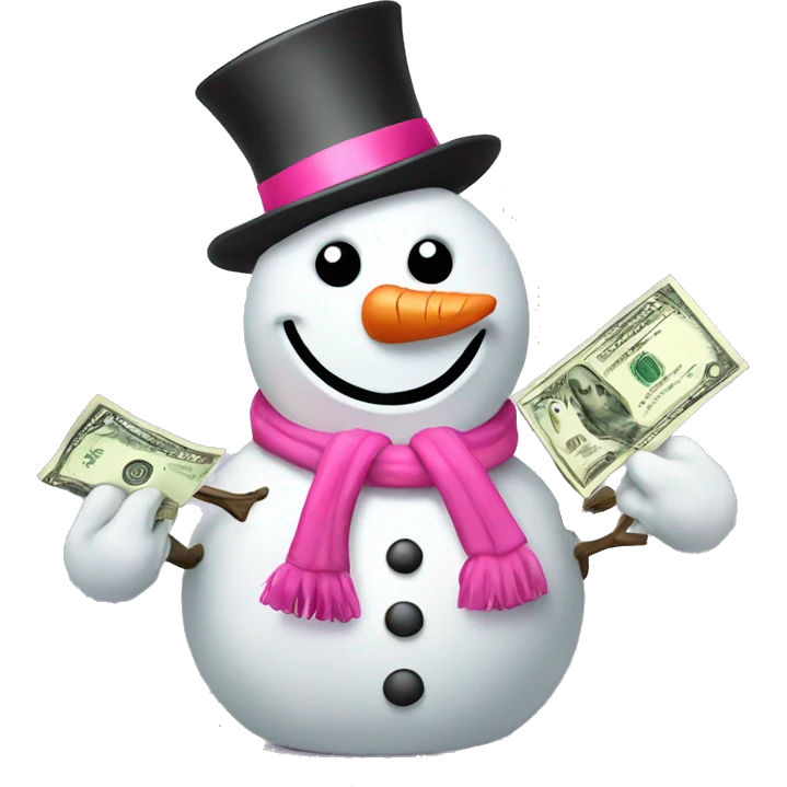 Snowman with pink accessories and money in hands emoji