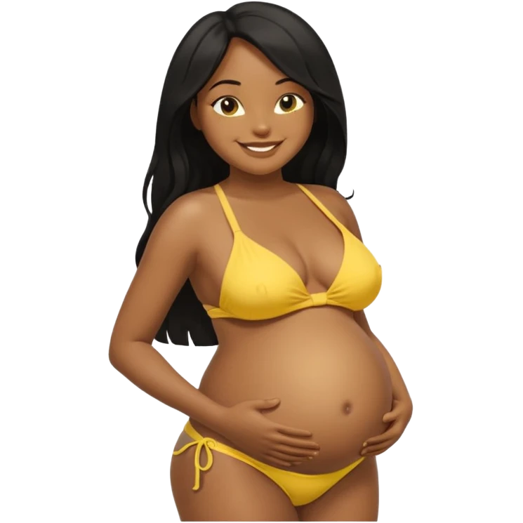 Dark african black girl long black hair, yellow bikini top, smiling, bare midriff, brown eyes, huge round pregnant belly, yellow bikini bottoms, side view emoji